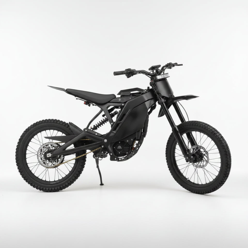 Black eMOTO Eride Pro 4.0 electric bike, side view, showcasing frame design and components.