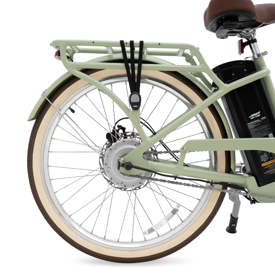 Side view of the Murf Gigi 2.0 eBike in a matte black finish, showcasing its step-through frame, wide tires, and rear cargo rack against a plain white background.