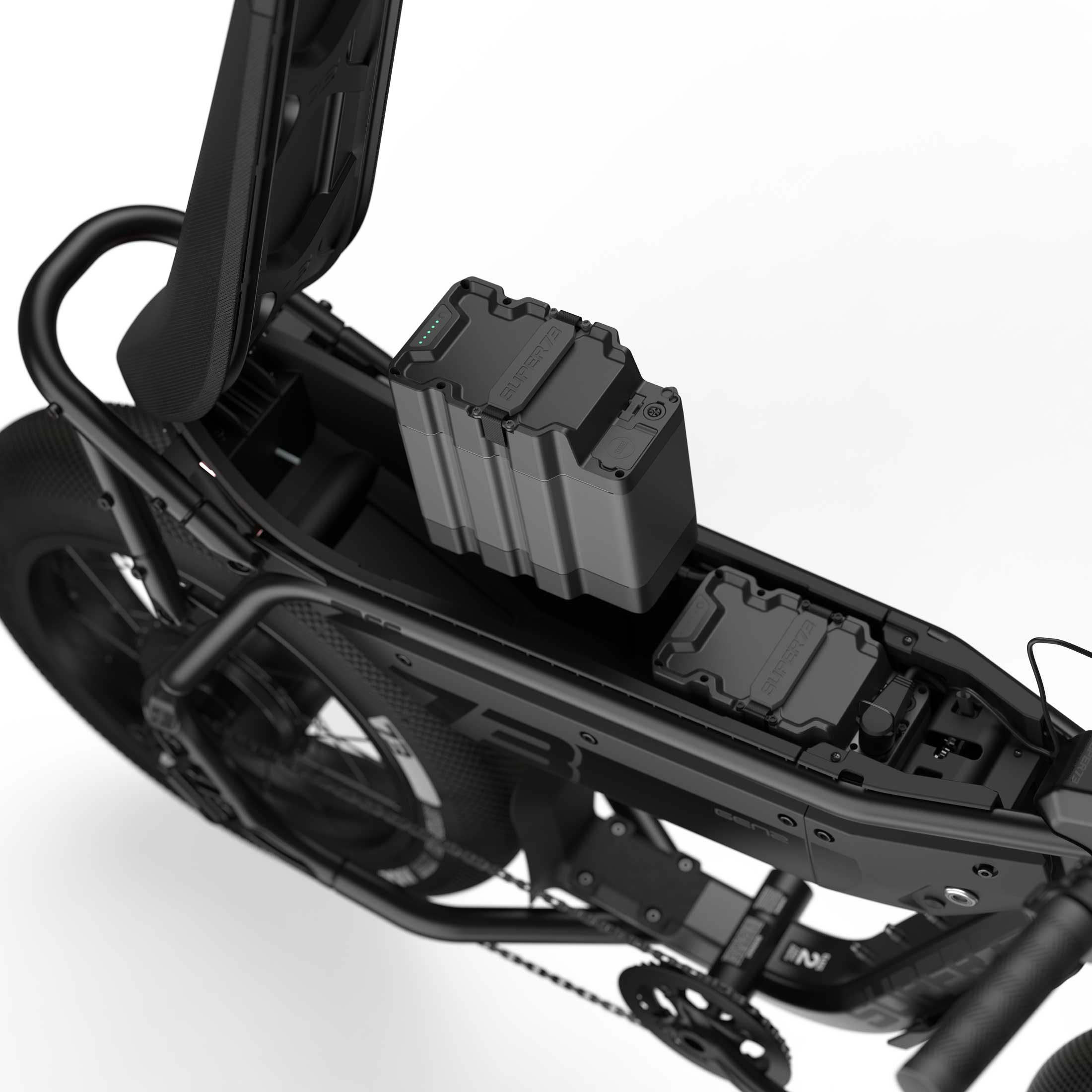 Black Super73 M1 electric bike side view with blacked-out components and minimalist design