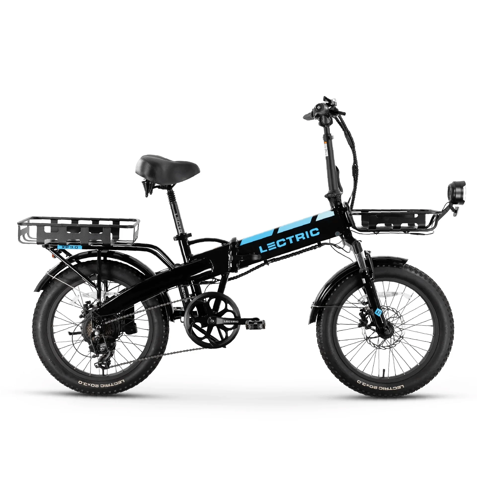 A black Lectric XP 3.0 folding fat tire eBike with a step-over frame, 500W motor, and commuter design, shown fully assembled against a white background.