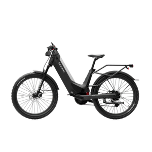 Silver Segway Xafari eBike side view, showcasing its sleek frame, thick tires, and integrated battery design.