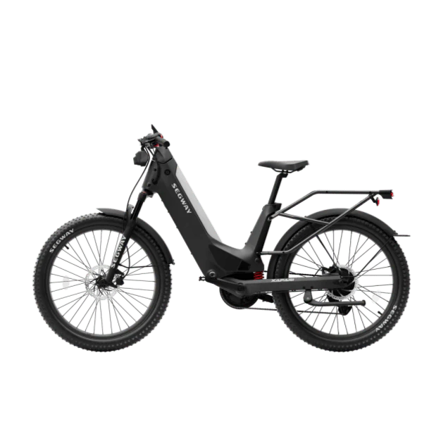 Silver Segway Xafari eBike side view, showcasing its sleek frame, thick tires, and integrated battery design.