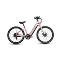 Aventon Pace 5 REC Step-Thru electric bike in Sakura pink, side view, showcasing step-thru frame design and upright handlebars.