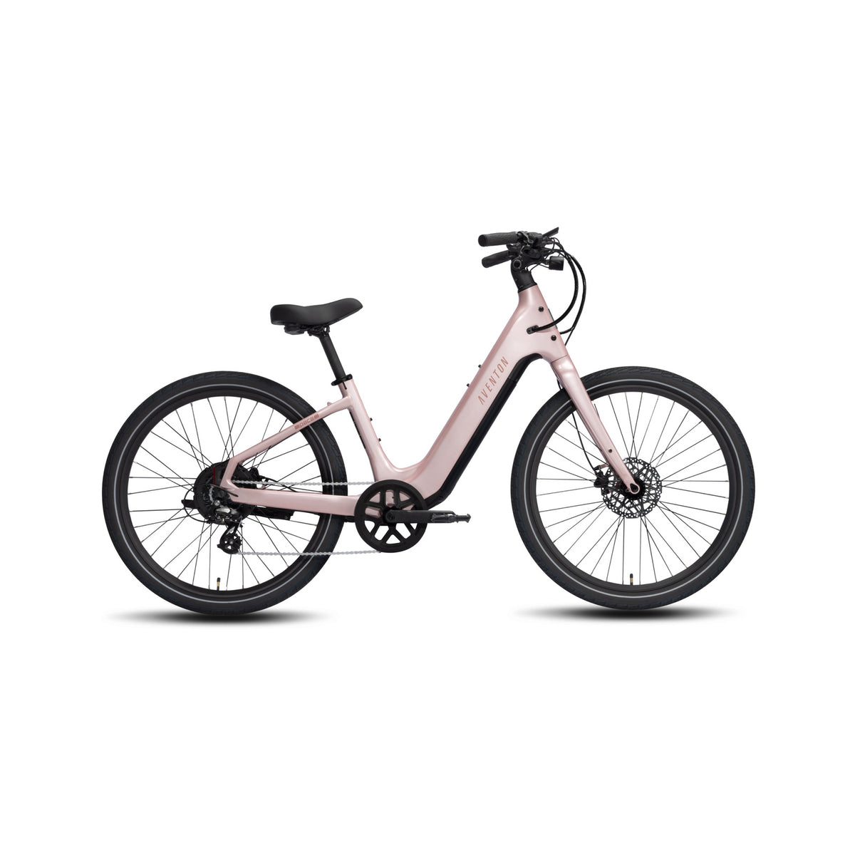 Aventon Pace 5 REC Step-Thru electric bike in Sakura pink, side view, showcasing step-thru frame design and upright handlebars.