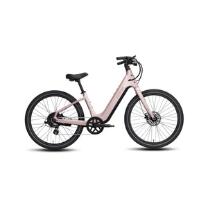 Aventon Pace 5 REC Step-Thru electric bike in Sakura pink, side view, showcasing step-thru frame design and upright handlebars.
