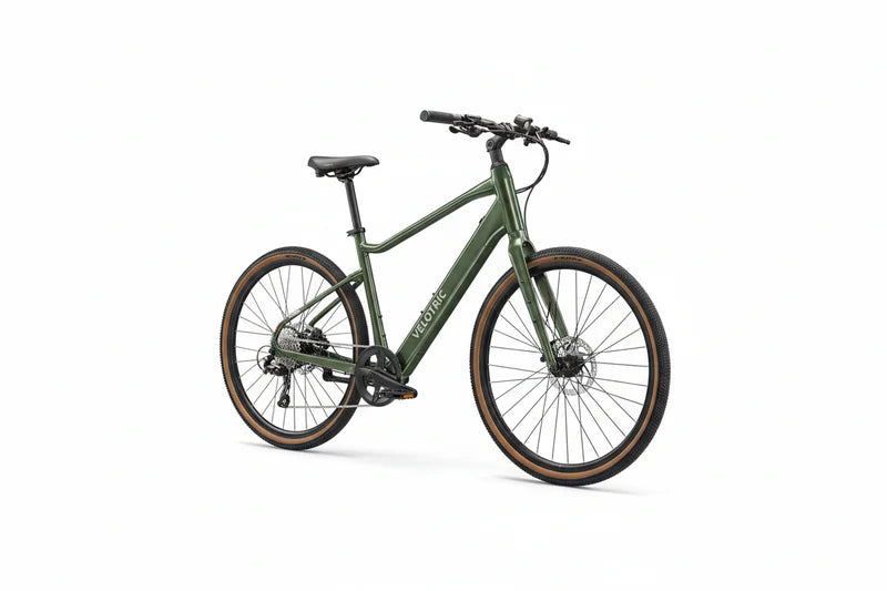 Velotric Tempo eBike in Forest Evergreen color, high-step frame, side view, studio background