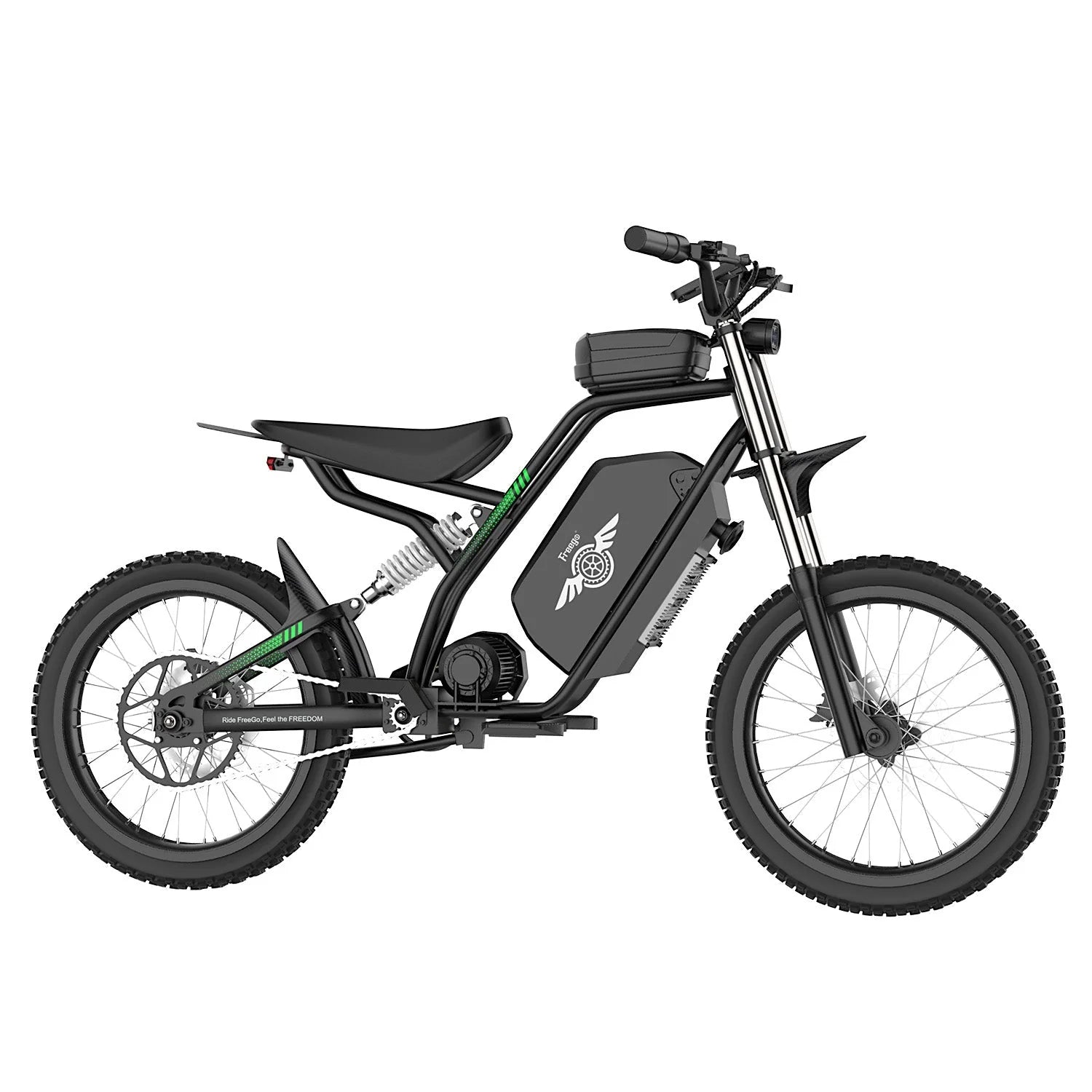 Side view of the Freego Nova 3 eBike in black, showing its step-through frame, battery pack, and rear cargo rack against a white background.