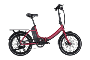 Red Blix Vika X electric folding step-thru eBike with 500W motor, compact design, shown folded for portability.