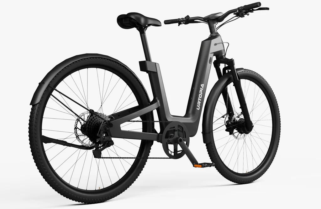 Side view of the Urtopia Fusion GT eBike in Blazing Black, showcasing its sleek frame, integrated battery, and modern design against a plain background.