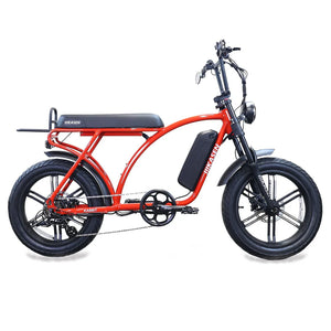 Red Kasen Kabbit PLUS eBike side view, showing step-through frame, black seat, and battery pack.