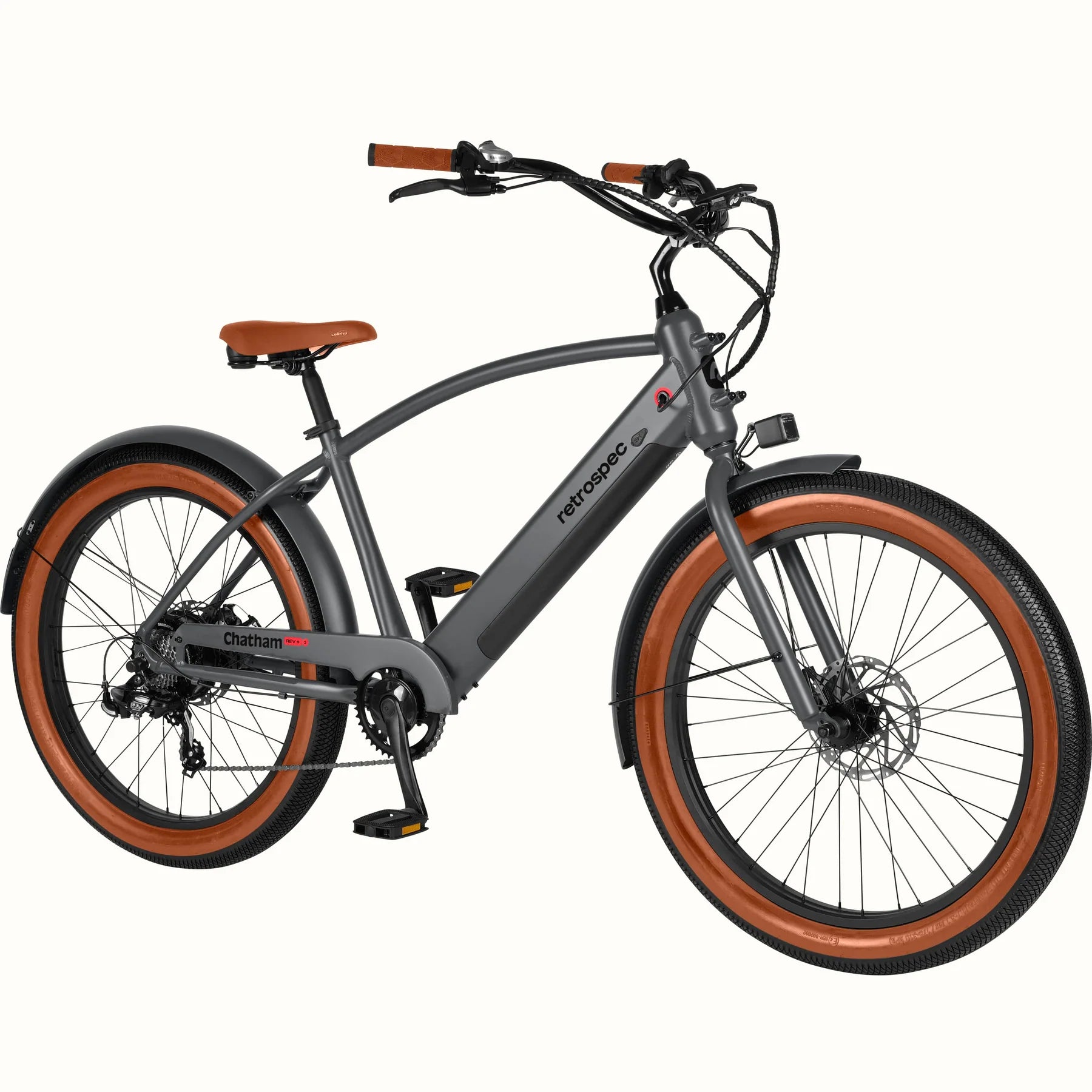 Matte graphite Retrospec Chatham Rev Plus 2 eBike, step-over frame, side view, against a plain background