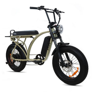 Side view of a Kasen Kabbit Classic eBike in sand color, showing its step-through frame, black saddle, and rear cargo rack against a plain background.