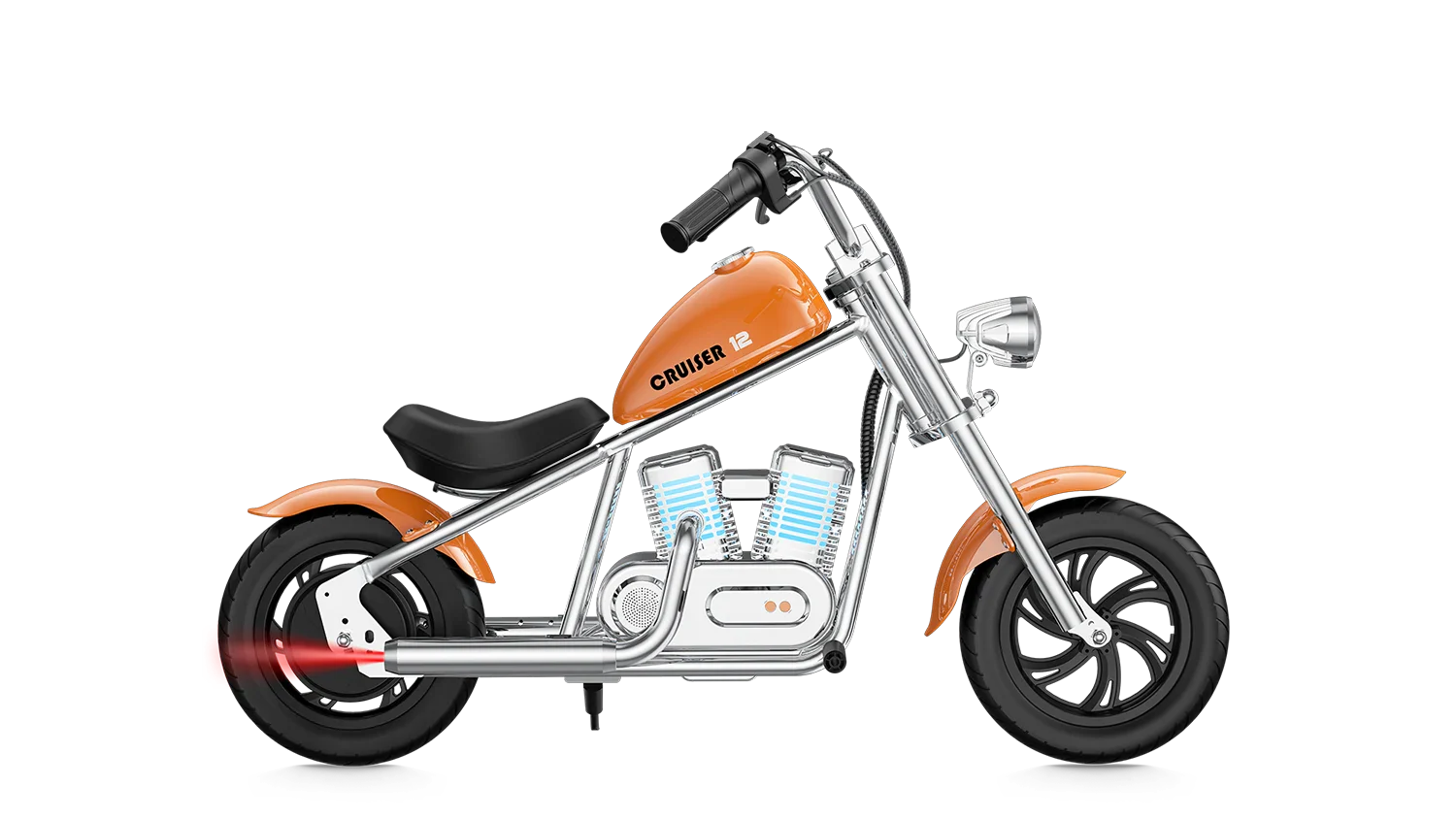 Orange eMOTO Hyper Gogo Cruiser 12 Plus electric bike with app connectivity, side view, on white background
