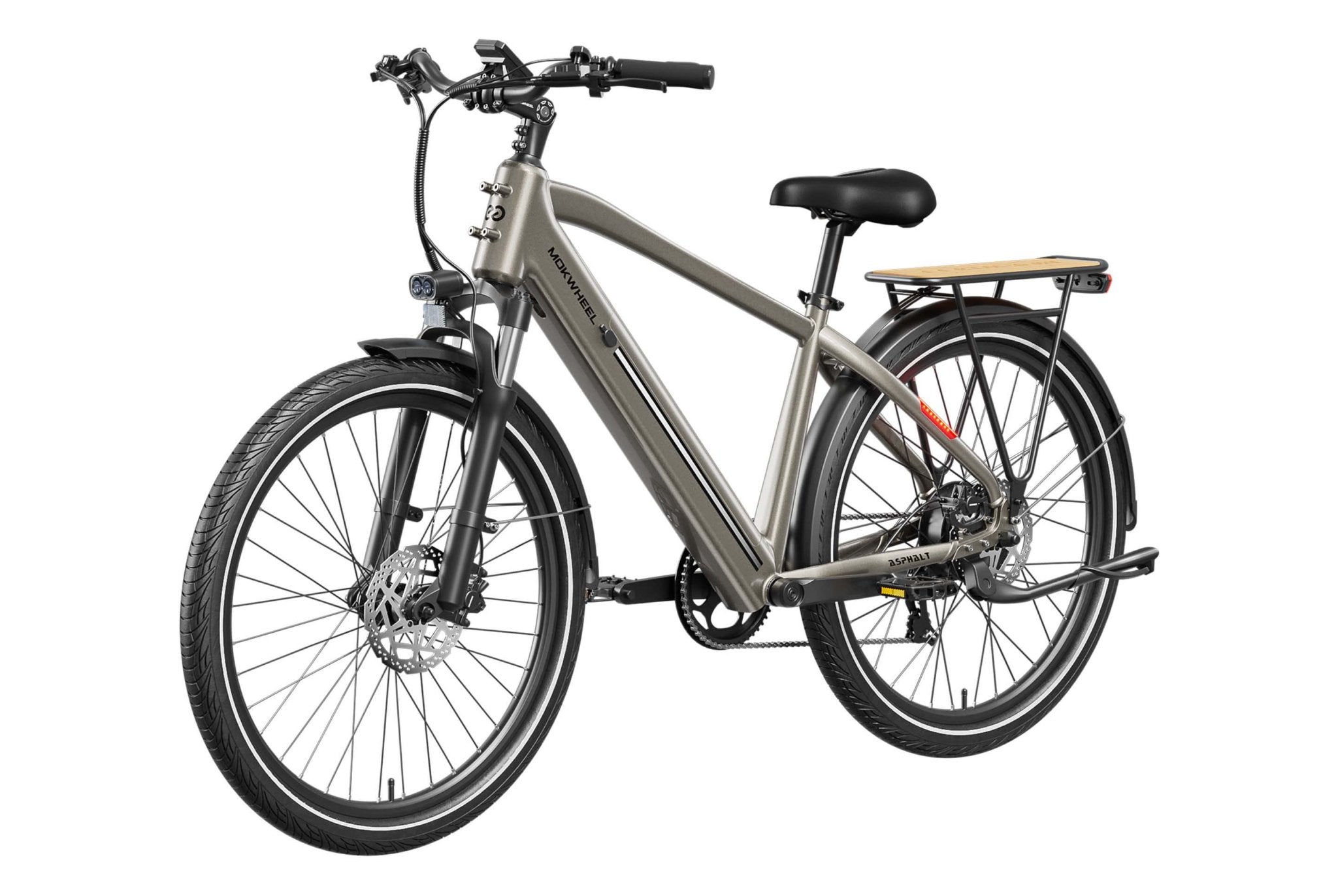 MOKWHEEL Asphalt 2.0 electric bike in matte black, shown from a side angle with thick tires, front suspension fork, and integrated battery on the downtube.
