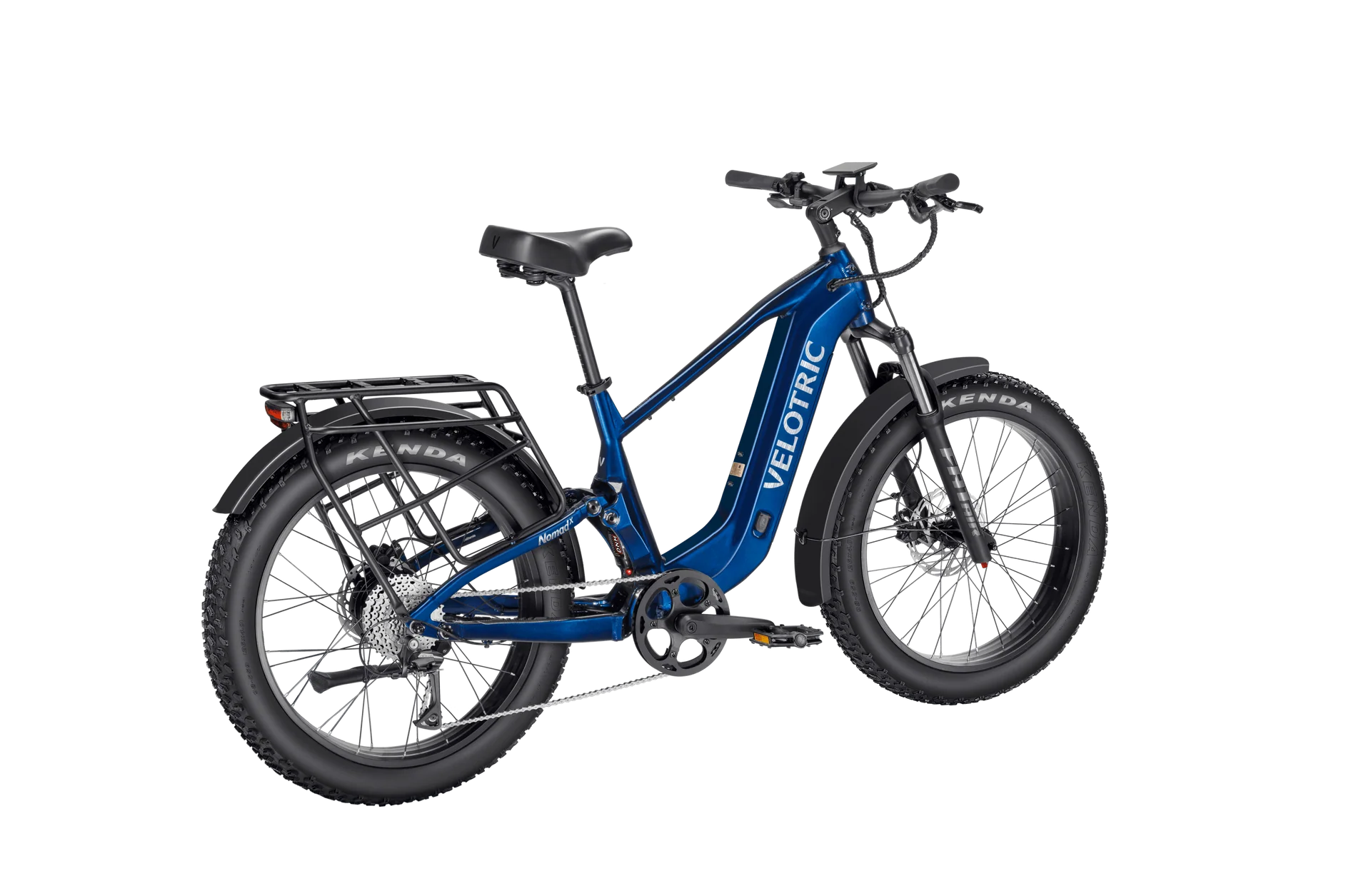 Royal blue Velotric Nomad 2X High Step eBike, side view, against a plain background