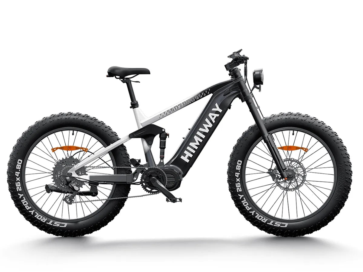 Black and white gradient Himiway D7 eBike side view showcasing frame, wheels, and battery