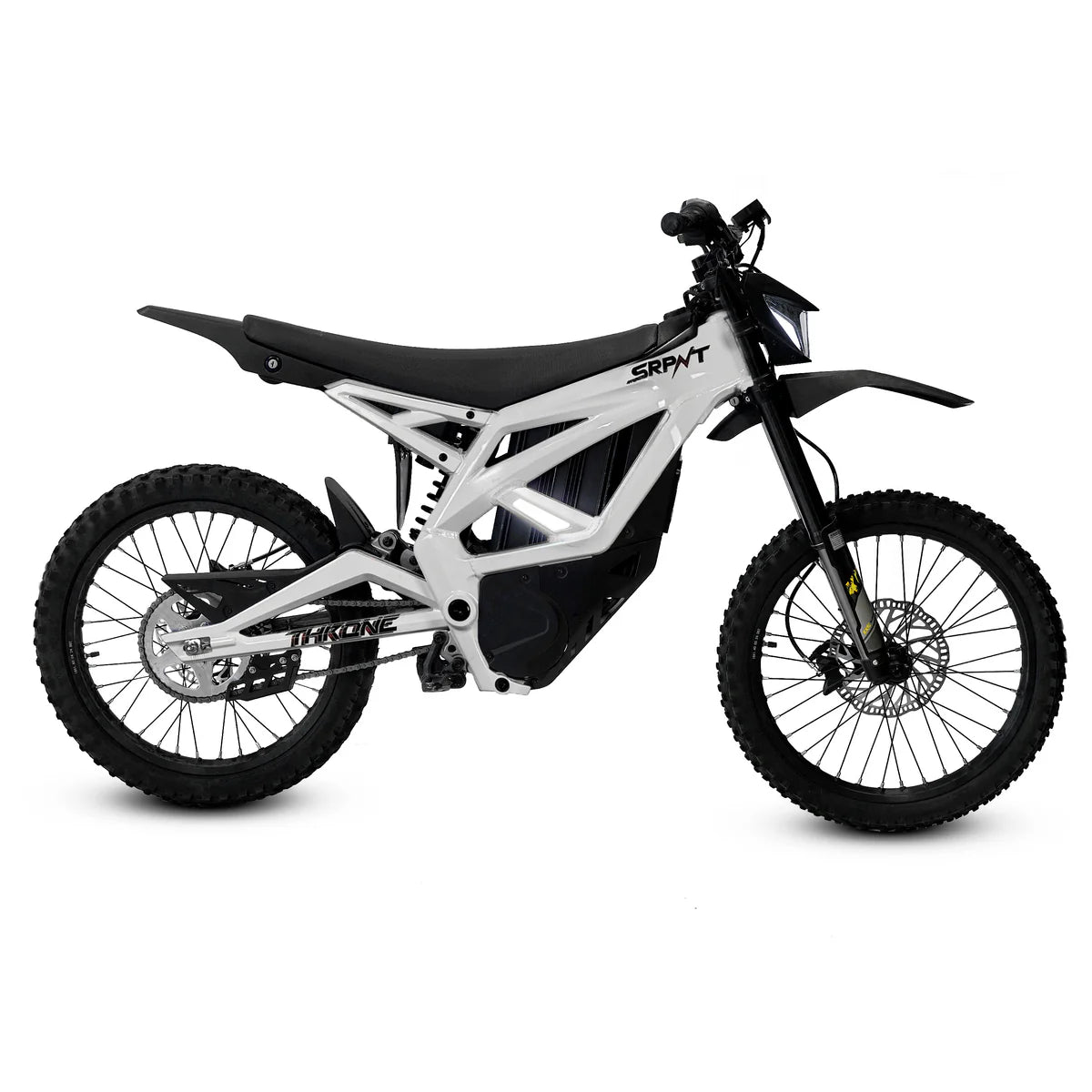 eMOTO Strike SRPNT X3 electric motorcycle in White Savage color, side view, showcasing sleek design and aggressive styling.