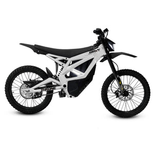 eMOTO Strike SRPNT X3 electric motorcycle in White Savage color, side view, showcasing sleek design and aggressive styling.