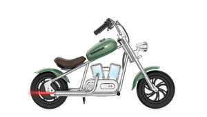 Green eMOTO Hyper Gogo Challenger 12 Plus electric bike without training wheels, side view, shown on a white background.