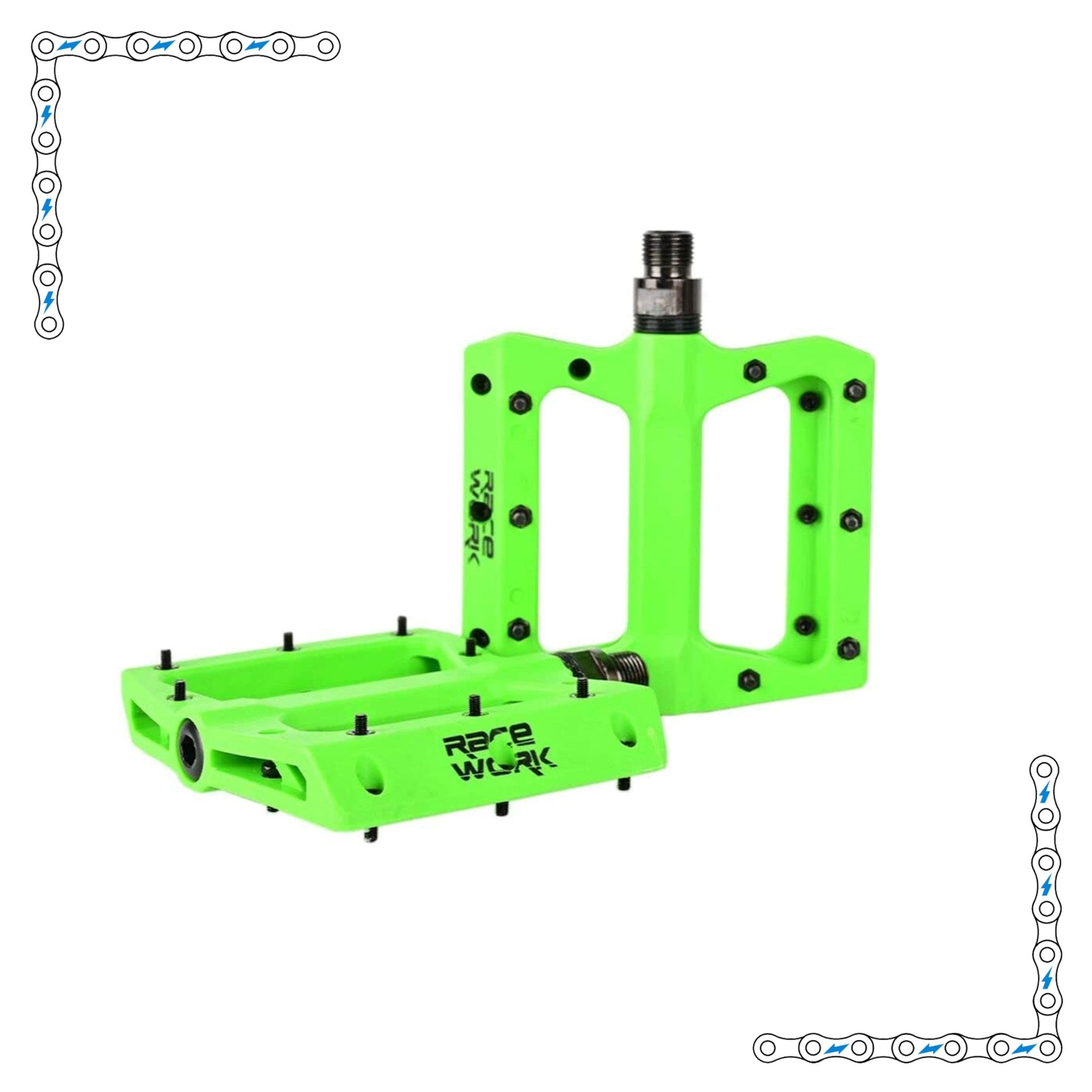 Electric green eBike pedals with a bright, vibrant finish designed for electric bikes, product model 7513855.