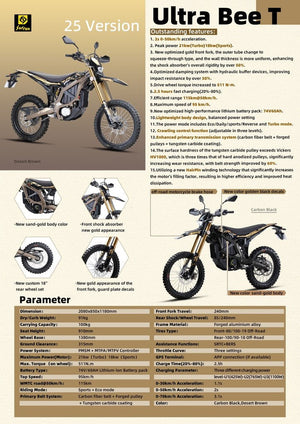 Side view of a 2025 Surron Ultra Bee 21kW electric dirt bike in black and yellow, displayed on a white background.