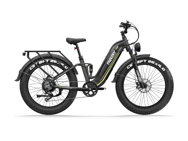 Black Freesky Wild Cat Ultra A-340 eBike, side view, showcasing frame, wheels, and battery