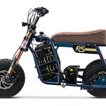 Electric dirt bike eMOTO Stomp Ebox Dragster RS in side view, featuring a sleek black and green frame, knobby tires, and modern motocross styling.